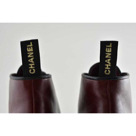 Chanel 20B Red Black Leather Pearl CC Combat Lace Up Tie Ankle Short Boots 39.5 - Picture 8 of 9